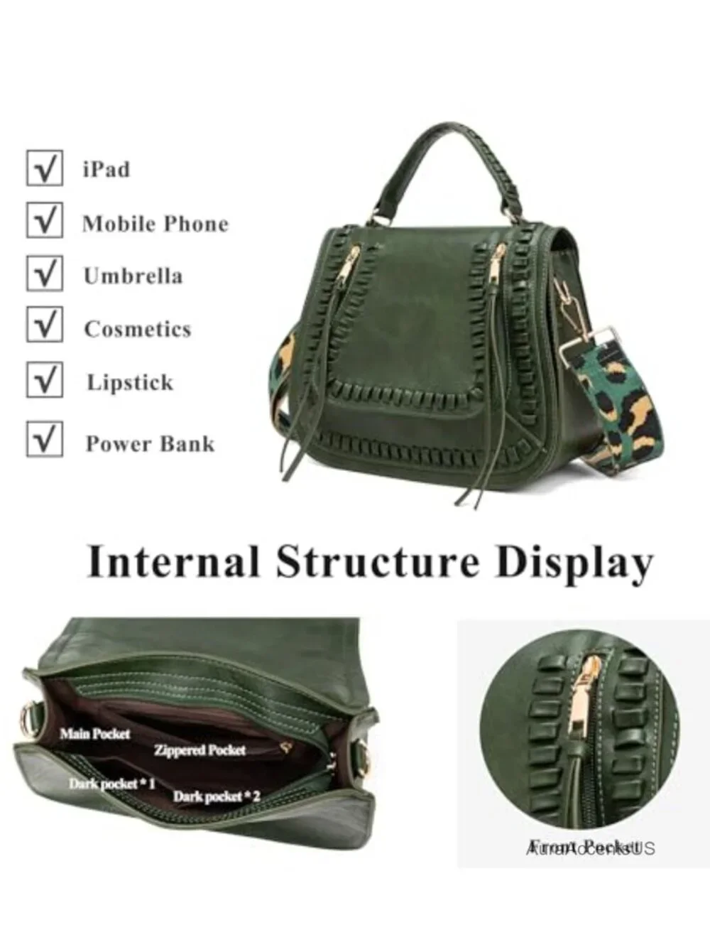 Faux Leather Vintage Crossbody Bag with Leopard Strap